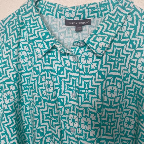 Jessica London Linen Blend Blouse Womens 30 W Plus Size Geometric Roll Tab Sleev - Picture 3 of 15